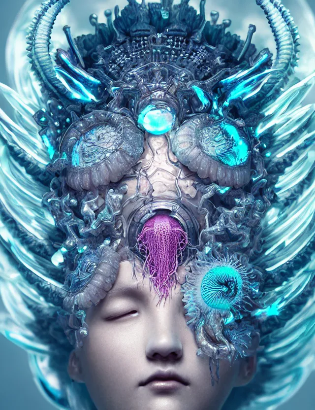 Prompt: goddess macro close - up portrait wigh crown made of ram skull. betta fish, jellyfish phoenix, bioluminiscent, plasma, ice, water, wind, creature, super intricate ornaments artwork by tooth wu and wlop and beeple and greg rutkowski