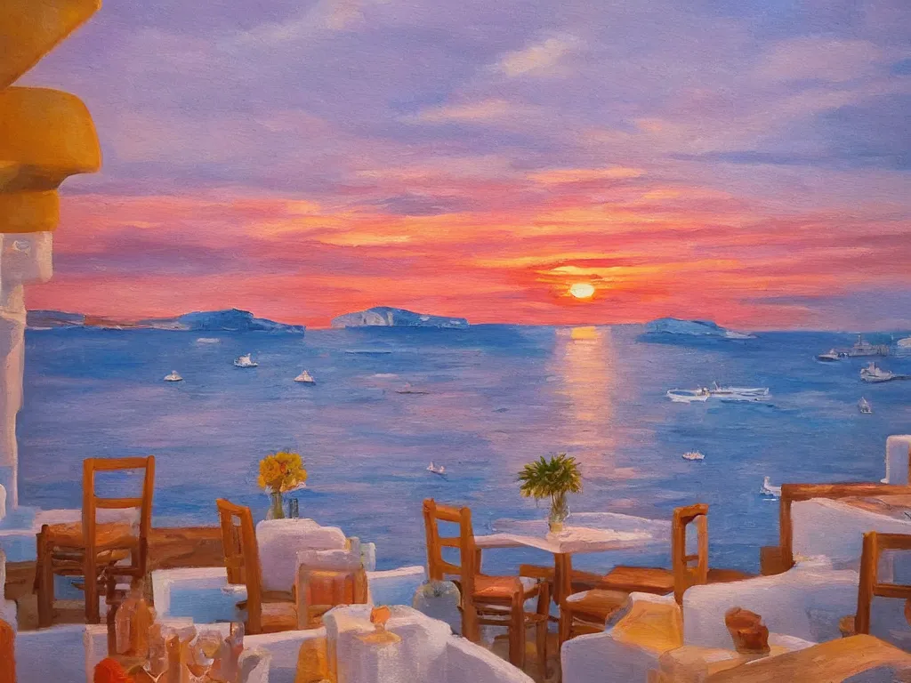 Image similar to an oil painting of a beautiful sunset overlooking the mediterranean from buddha bar in mykonos, background of millions of normal curves