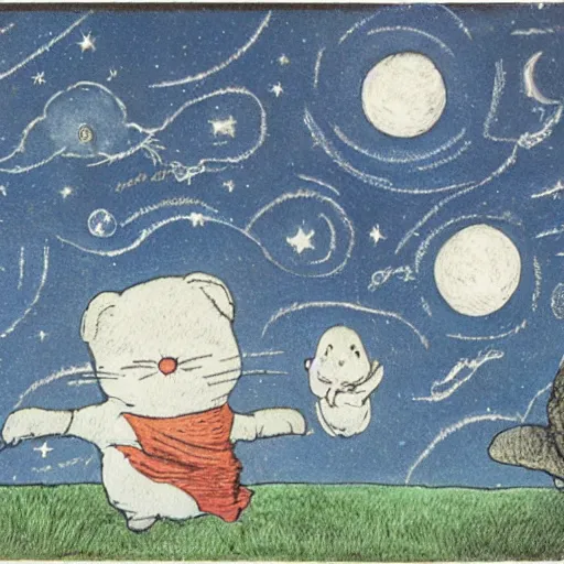 Image similar to night sky, stars, anthropomorphic talking moon with happy eyes prominently in the center, surrounded by clouds, landscape, illustrated by peggy fortnum and beatrix potter and sir john tenniel