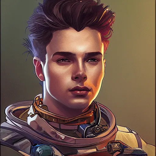 Prompt: portrait of a male space explorer, D&D, fantasy, elegant, hopeful, cosmic, muscular, highly detailed, digital painting, artstation, concept art, smooth, sharp focus, illustration, art by alphonse mucha