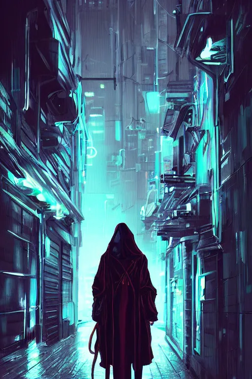 Image similar to a woman in a raincoat standing in a dark alley, cyberpunk art by vincent lefevre, featured on cgsociety, afrofuturism, darksynth, 2 d game art, behance hd