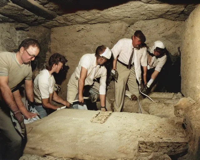 Image similar to vintage 3 5 mm color photo of a team of archaeologists opening up a sarcophagus in an egyptian tomb