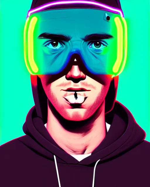 Image similar to edm art, pop art, hyper - realistic detailed portrait of a man in a hoodie, with neon visor, by atey ghailan, by greg rutkowski, by greg tocchini, by james gilleard, by joe fenton, by kaethe butcher, sharp focus