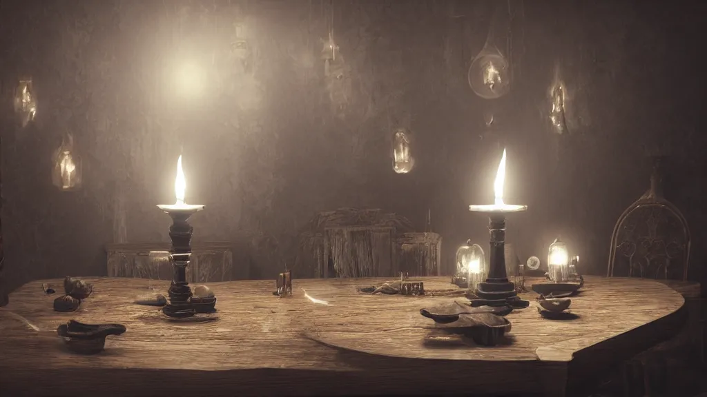 Prompt: a Victorian seance around a wooden table with crystal ball and ectoplasm and spirit manifestations, realistic photo, sharp focus, high detail, horror, spooky, gothic, Unreal Engine 5, trending on artstation