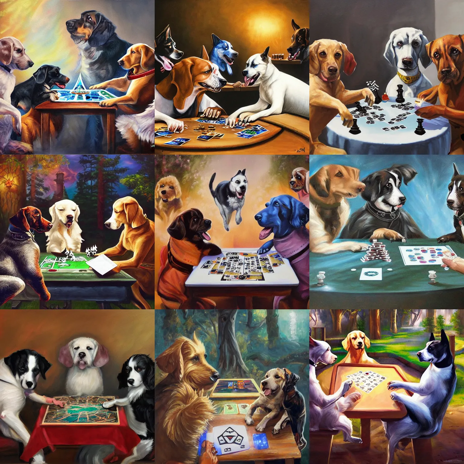 Prompt: A painting of dogs playing Magic: The Gathering