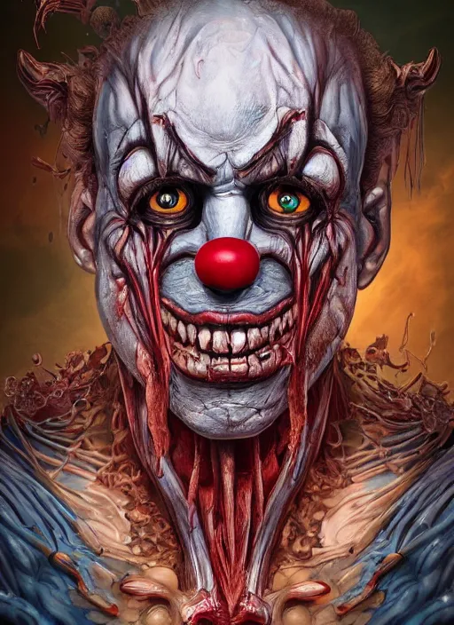 Image similar to evil horror clown, monster anatomy, ross tran, vivid colors, anatomical, highly detailed sculpture, intricate detailed, ommatidia, 8 k, cinematic atmosphere, post - processing