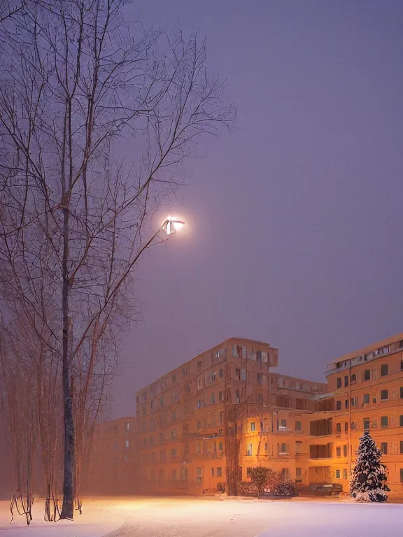 Image similar to award - winning photo of low soviet residential building in russian suburbs, lights are on in the windows, deep night, post - soviet courtyard, cozy atmosphere, winter, heavy snow, light fog, streetlamps with orange light, volumetric light, several birches nearby, elderly people stand at the entrance to the building