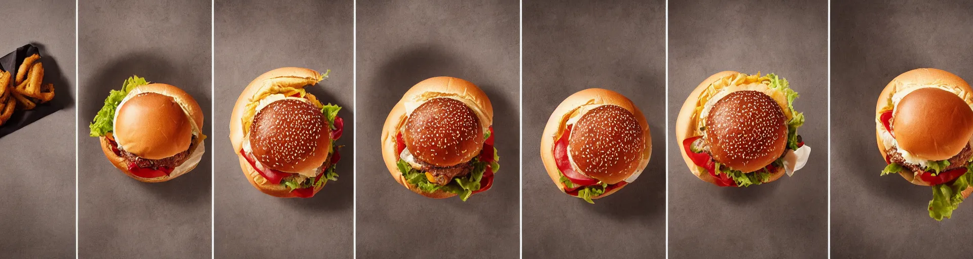 Image similar to a triptych of the hamburgers that represent all of history, award - winning food photograph