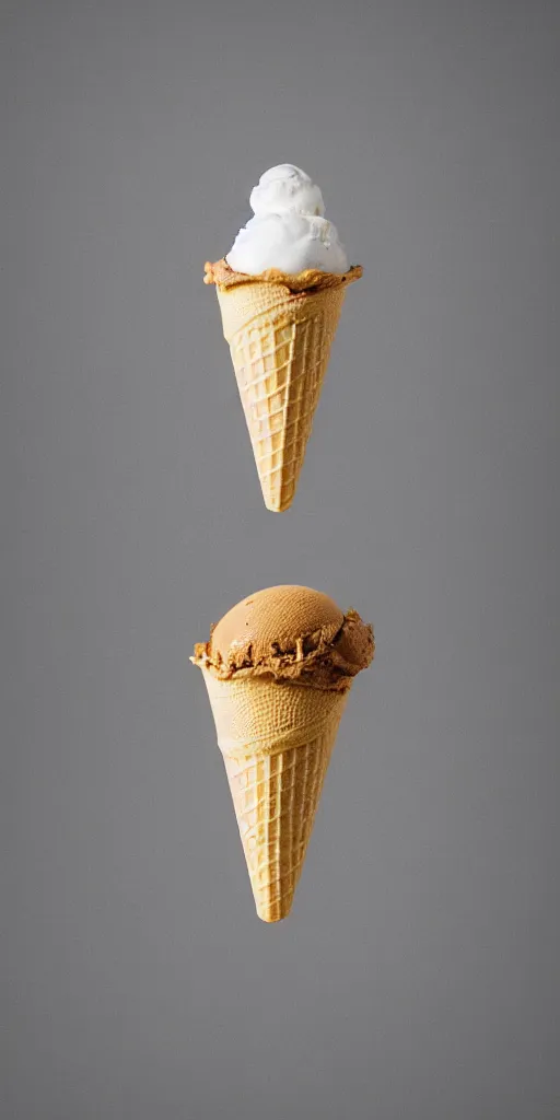 Prompt: a detailed photograph of a mysterious levitating ice cream cone made of human skin