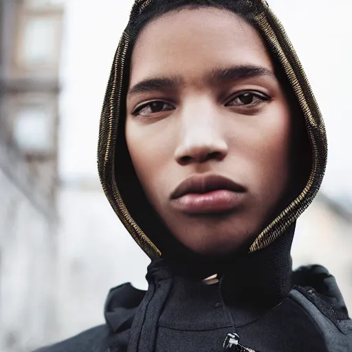 Image similar to realistic photoshooting for a new balenciaga lookbook color film photography close up portrait of a beautiful woman model, model wears a puffer jacket, photo in style of tyler mitchell, ssense