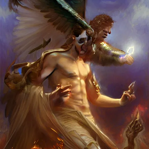 Image similar to attractive male deity casts light spell, summons attractive male lucifer morningstar. highly detailed painting by gaston bussiere, craig mullins, j. c. leyendecker 8 k