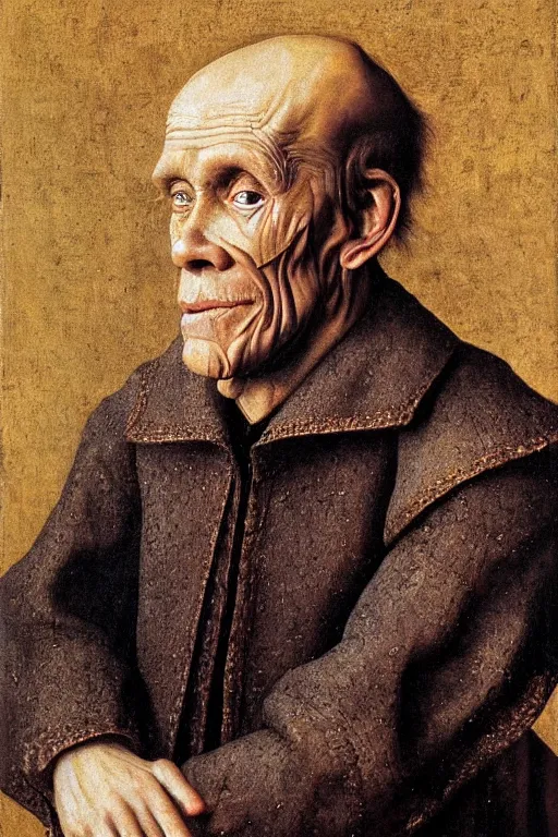 Image similar to portrait of willem dafoe with too many face wrinkles, oil painting by jan van eyck, northern renaissance art, oil on canvas, wet - on - wet technique, realistic, expressive emotions, intricate textures, illusionistic detail