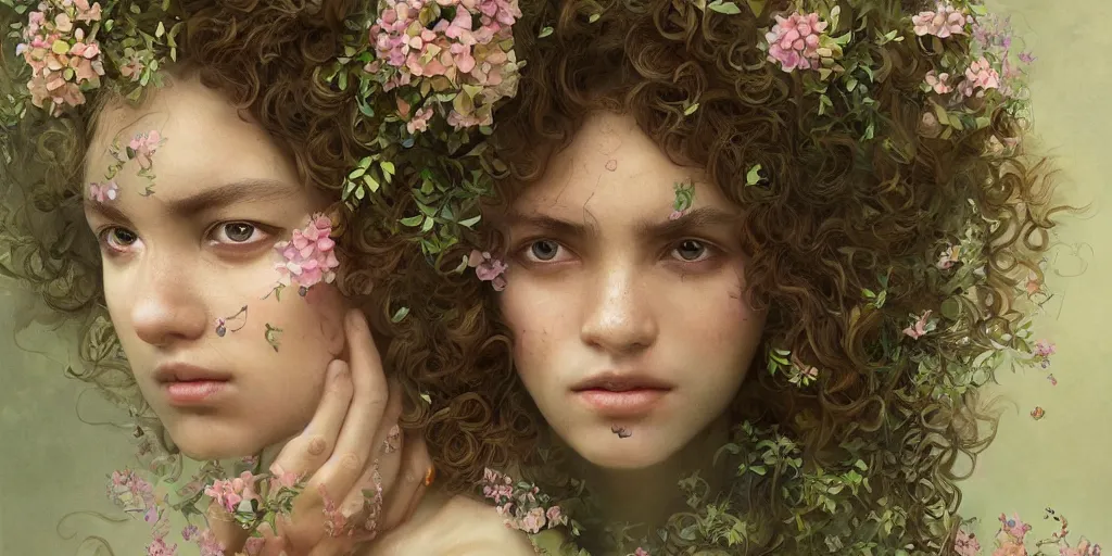 Prompt: breathtaking detailed concept art painting portrait of the goddess of hydrangea flowers, carroty curly hair, orthodox saint, with anxious piercing eyes, ornate background, amalgamation of leaves and flowers, by hsiao - ron cheng, extremely moody lighting, 8 k