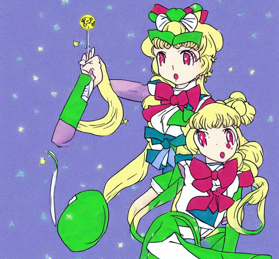 Prompt: frog in a sailor moon uniform, anime, cell - shaded, retro, cutesty lightening