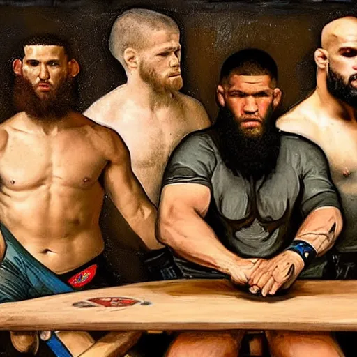 Prompt: renaissance painting of UFC fighters, long table, masvidal, mcgregor, nate diaz, robbie lawler, brock lesnar
