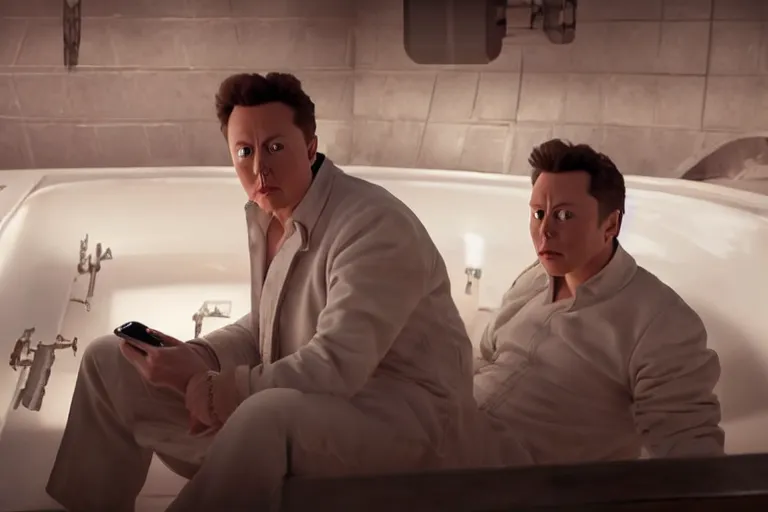 Image similar to hyperrealism aesthetic ridley scott and denis villeneuve style photography of a detailed giant elon musk, siting on a detailed ultra huge toilet and scrolling his smartphone in hyperrealism scene from detailed art house movie in style of alejandro jodorowsky and wes anderson