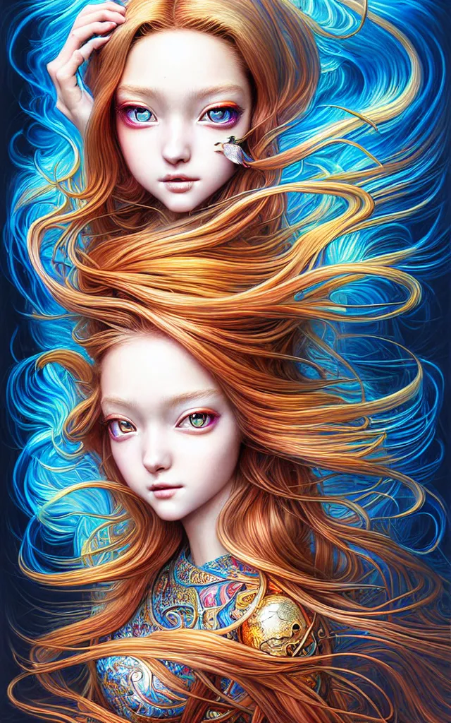 Image similar to fish eye lens view of The Most Beautiful Woman On Earth ,reflections of fire on eye, fantasy, intricate, richly detailed colored 3D illustration of a beautiful ornated cute body with long metallic hair wearing a hoodie and short skirt that is happy and curious. background with completely rendered reflections, art by Range Murata and Artgerm highly detailed, digital painting, trending on artstation, sharp focus, D&D, illustration, style of Stanley Artgerm, perfect smile vogue, awards, model,