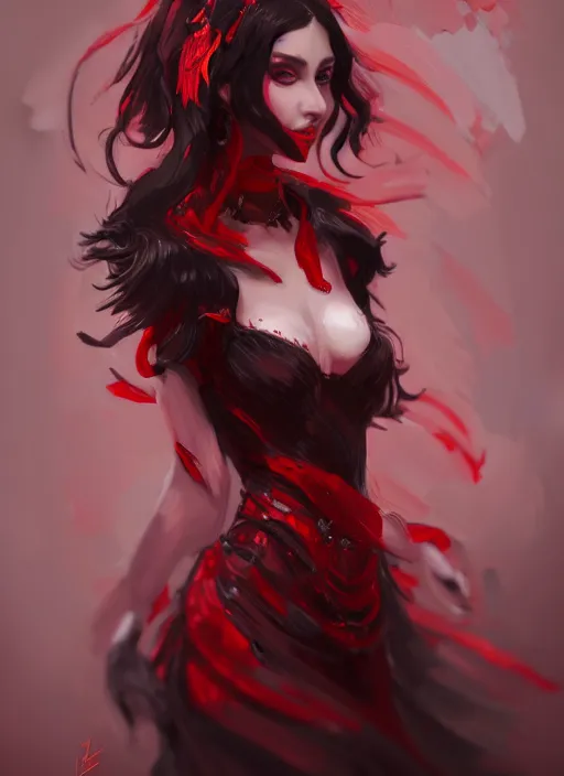 Image similar to a highly detailed illustration of hime cut black long haired woman wearing red dress, dramatic elegant smiling pose, perfect face, perfect body, intricate, elegant, highly detailed, centered, digital painting, artstation, concept art, smooth, sharp focus, league of legends concept art, wlop