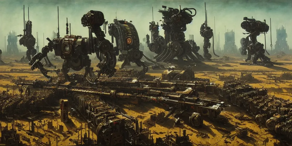 Image similar to scene from future robot war, highly detailed, painting by otto dix and greg rutkowski 8 k