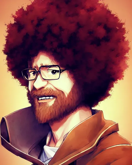 Prompt: anime portrait of Bob Ross as an anime man by Stanley Artgerm Lau, WLOP, Rossdraws, James Jean, Andrei Riabovitchev, Marc Simonetti, and Sakimichan, trending on artstation