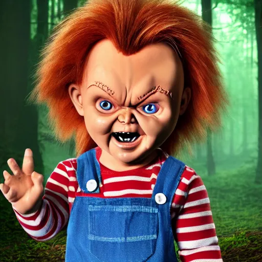 Image similar to chucky the doll in the woods foggy digital art 4 k detailed super realistic