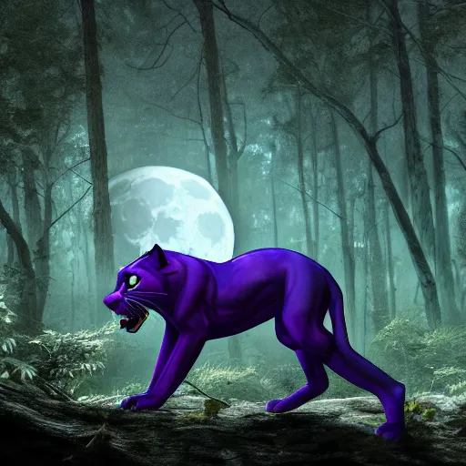 Image similar to a purple panther roaring at the moon in a forest during the night, large moon in the center. trending on artstation. cinematic. photoreal. dark colors. night.