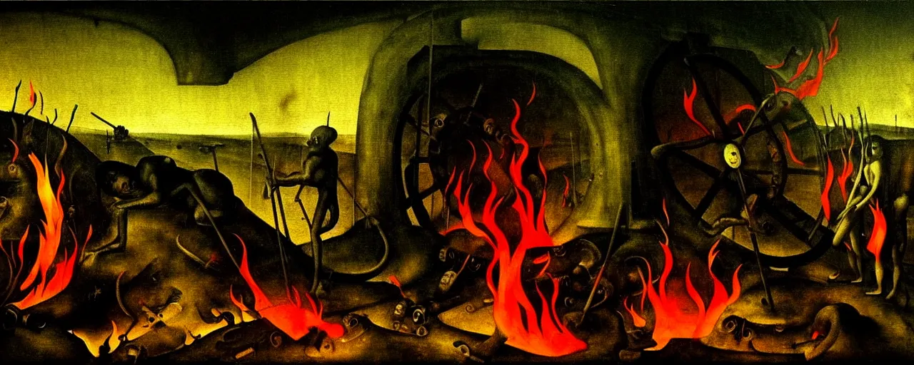 Prompt: trapped on a hedonic treadmill, dark uncanny surreal painting by bosch, dramatic lighting from fire glow, mouth of hell, ixions wheel