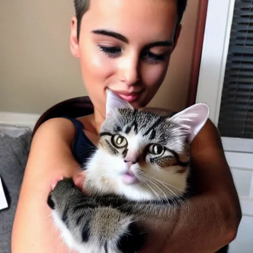 Prompt: beautiful girl with short hair shows off her cat