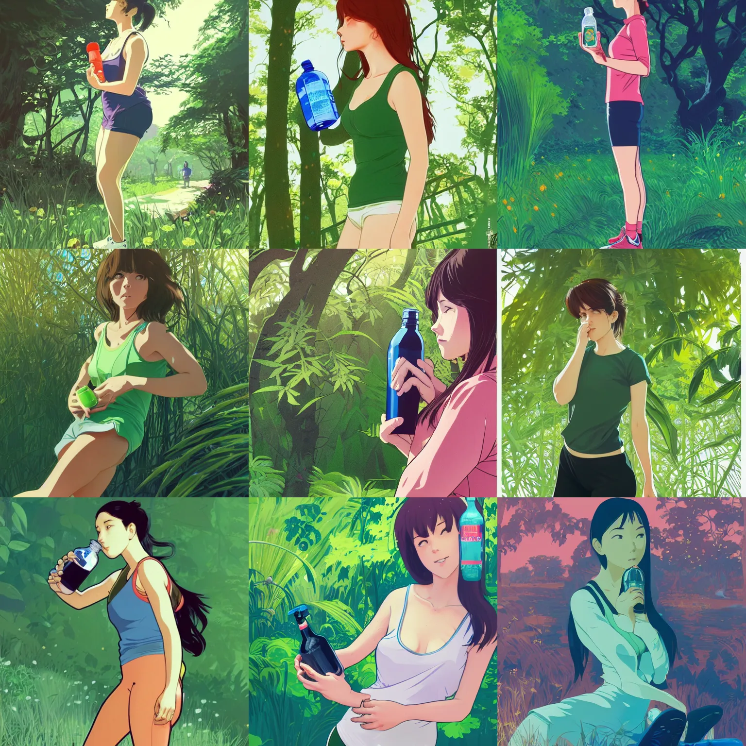 Prompt: Full body portrait of a woman wearing sportswear drinking from a water bottle in a lush green park, highly detailed, artstation, digital illustration, concept art, by Kyoto Animation and Studio Ghibli, by Ilya Kuvshinov and Alphonse Mucha