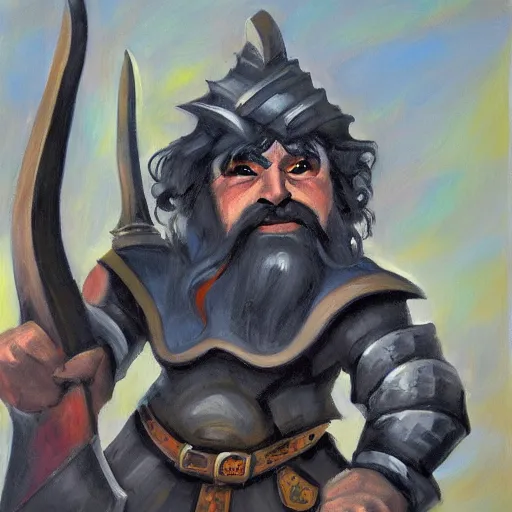 Image similar to portrait painting of a fantasy dwarf fighter with a huge iron axe, medium shot, asymmetrical, profile picture, organic painting, sunny day, bold shapes, hard edges, by ralph bakshi