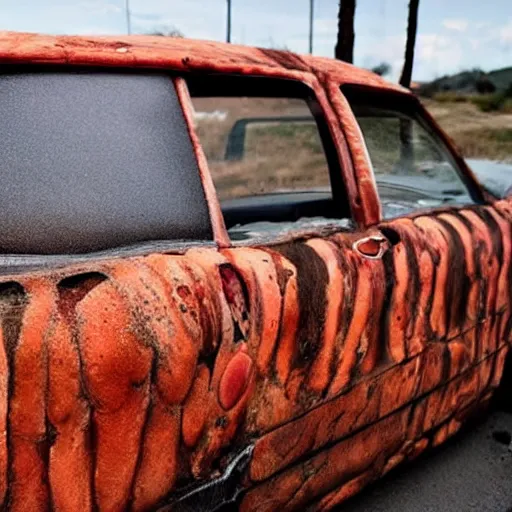 Prompt: car covered in human skin