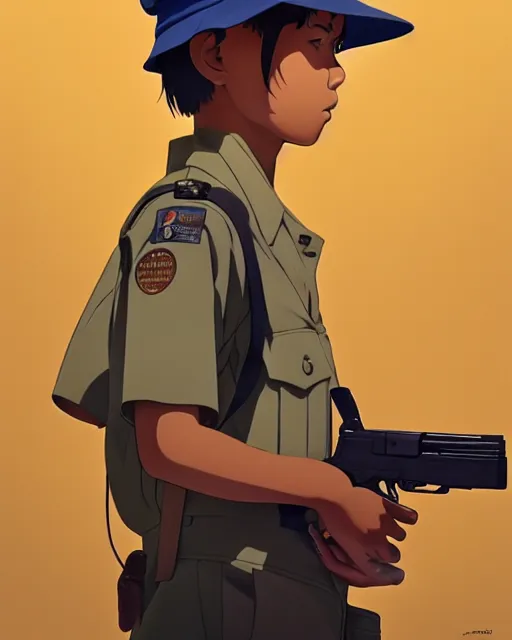 Prompt: young boy in a bucket hat!! wearing uniform, tan, holding pistol at side, side view, looking down | | audrey plaza, fine detail!! anime!! realistic shaded lighting!! poster by ilya kuvshinov katsuhiro otomo ghost - in - the - shell, magali villeneuve, artgerm, jeremy lipkin