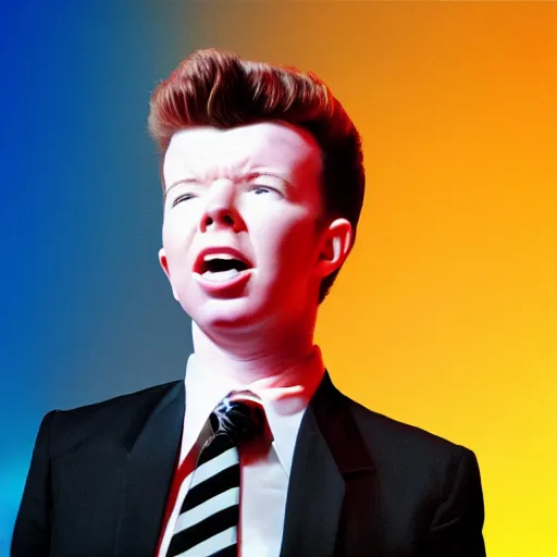 Image similar to young Rick Astley performing Never Gonna Give You Up, singing into a microphone, dancing, black suit, striped shirt, light background, full color photograph, 4k