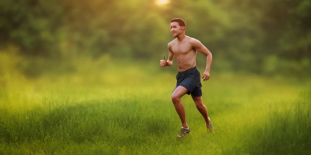 Image similar to A young man running through a lush green countryside, with the sun setting over the sea, trending on artstation, 4k, soft focus