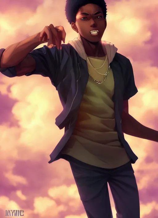 Prompt: handsome hip hop young black man, model pose, joyful, anime style, scenery wallpaper aesthetic, pastel colors, symmetrical face, cinematic, dramatic, super detailed and intricate, hyper realistic, 4 k render, by artgerm, by kyoung hwan kim, by ralph mcquarrie, by yoshiyuki tomino