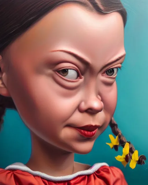 Prompt: closeup face profile portrait of a tin toy greta thunberg as a bikini girl, hyper realistic, artstation, illustration, nicoletta ceccoli, mark ryden, lostfish, max fleischer, digital paint, matte paint, vivid colors, dark, sinister, detailed and intricate environment