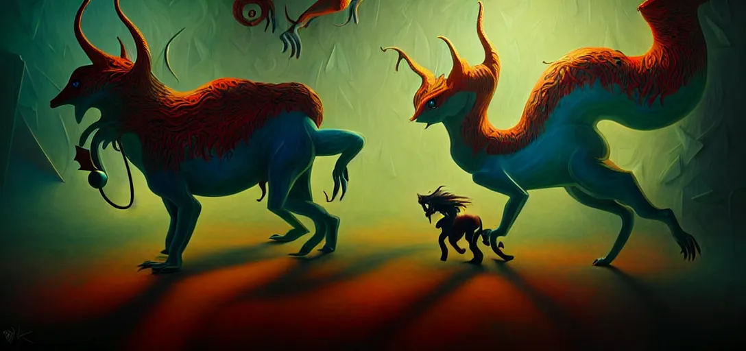 Image similar to strange mythical beasts of whimsy, surreal dark uncanny painting by ronny khalil