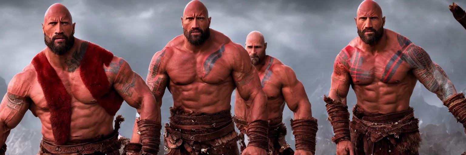 Prompt: Dwayne Johnson as God of war,red and blue smokes around him, professional photography, cinematic view