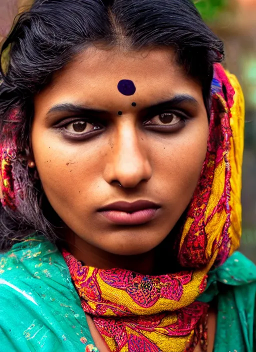 Prompt: color portrait Mid-shot of an beautiful 20-year-old Indian woman, street portrait in the style of Steve McCurry award winning