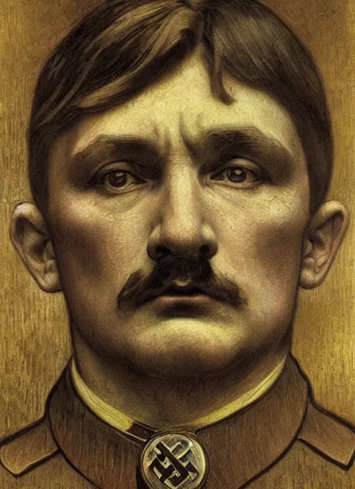 Image similar to detailed realistic beautiful young adolf hitler face portrait by jean delville, alphonse mucha, vincent van gogh, and marco mazzoni, art nouveau, symbolist, visionary, gothic, pre - raphaelite