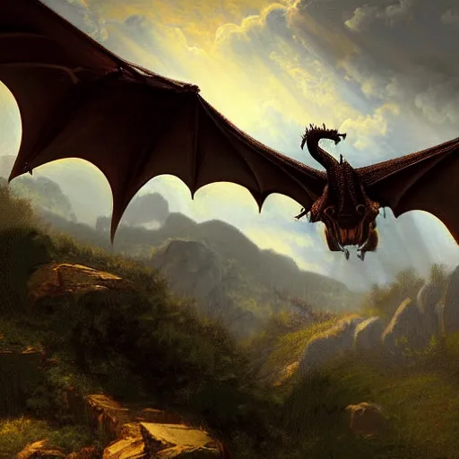 Prompt: A dragon flying over the mountains, digital art, trending on artstation, HDR, by Albert Bierstadt, nicely detailed