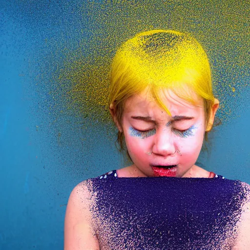 Image similar to crying girl covered by yellow and blue dust