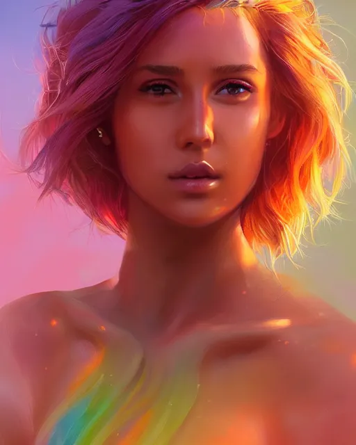 Image similar to summer vibes, beautiful sun tanned goddess portrait, flowy rainbow hair, sun, summer, cinematic lighting, highly detailed, digital painting, trending on artstation, pixiv, concept art, sharp focus, illustration, art by ross tran and wlop