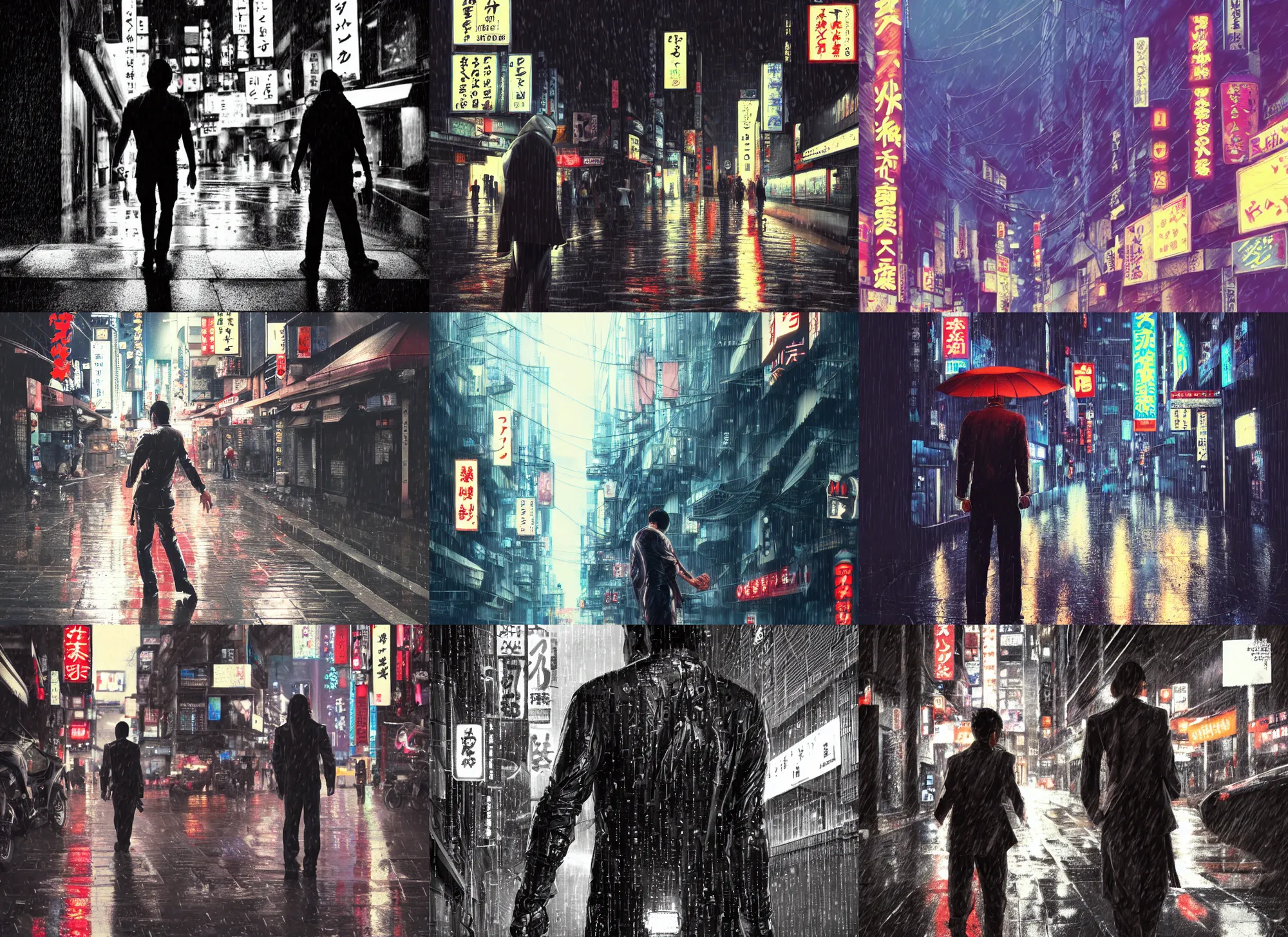 Prompt: low - angle, yakuza abdefa, in tokyo japan, katana on his back | downtown tokyo, wet streets, rain, night, streetlights | mystery, scary, scarred | cyberpunk, raytracing, futurism, fantasy, highly detailed, trending on artstation, sharp focus | art by artgerm, greg rutkowsky, magali villeneuve'