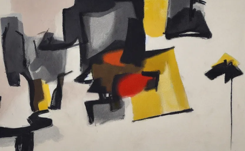 Prompt: minimal in the style of ivon hitchins and john craxton. still life on a table. studio lighting. drawing on painting, brush marks. expressive abstracted figures. ai