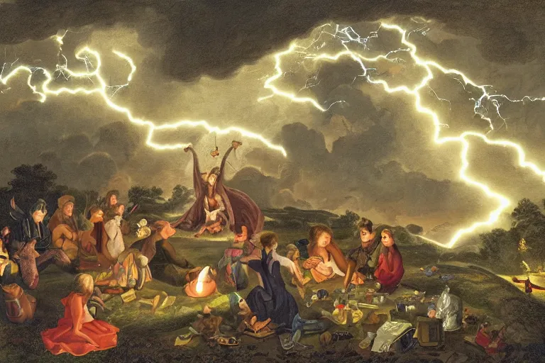 Prompt: a detailed illustration of a god ruining a picnic in the park, nightmare in the park, small crowd of people, calamity, dark storms with lightning, 8 k, in a baroque style