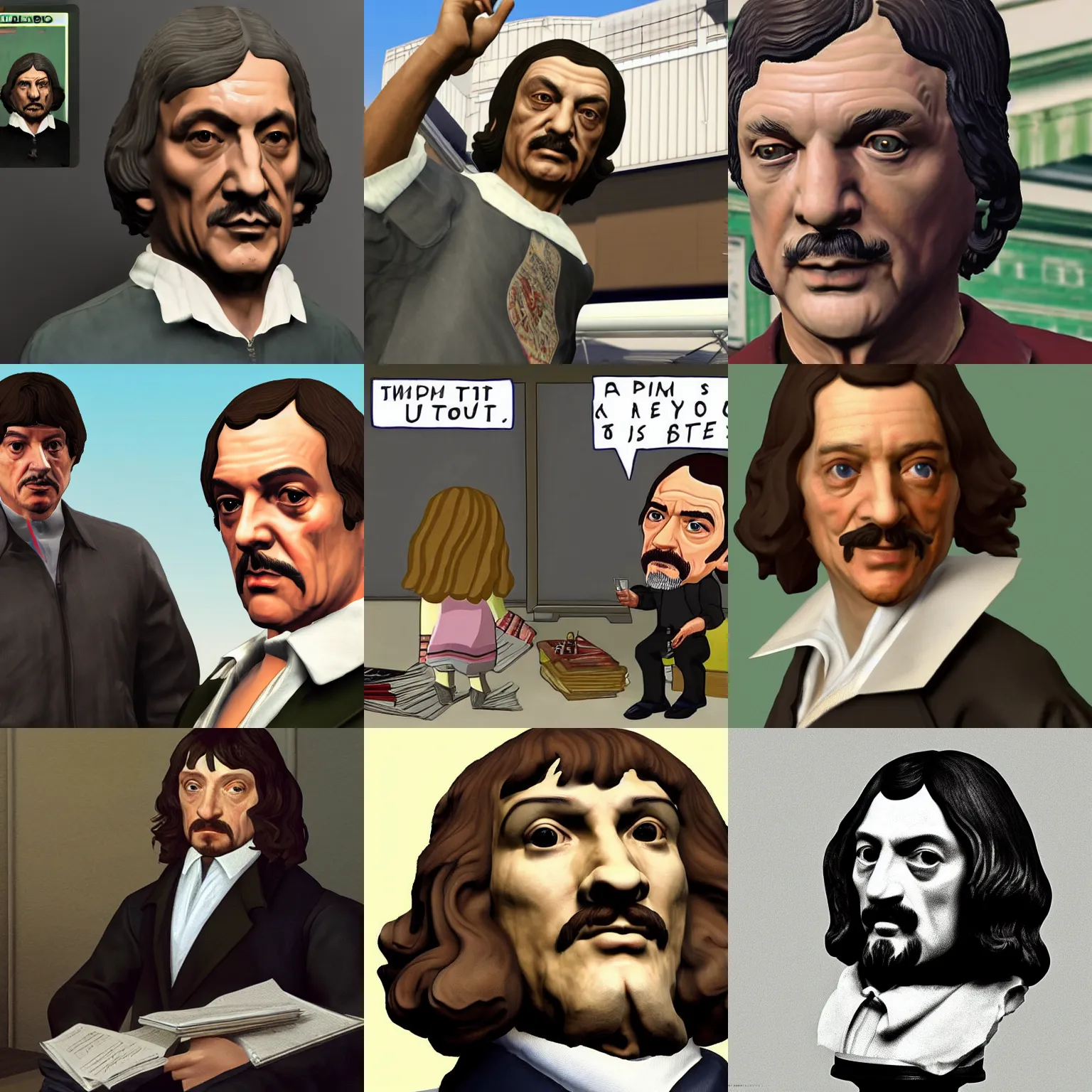 Prompt: rene descartes has big hair, in gta v, stephen bliss, amiibo, plastic, toy