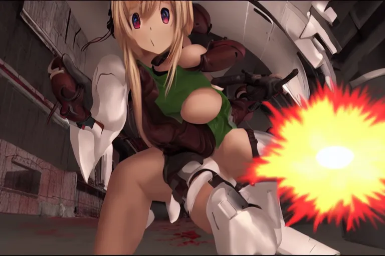 Prompt: a anime girl in a screenshot of the video game doom, the anime girl is crouching, detailed