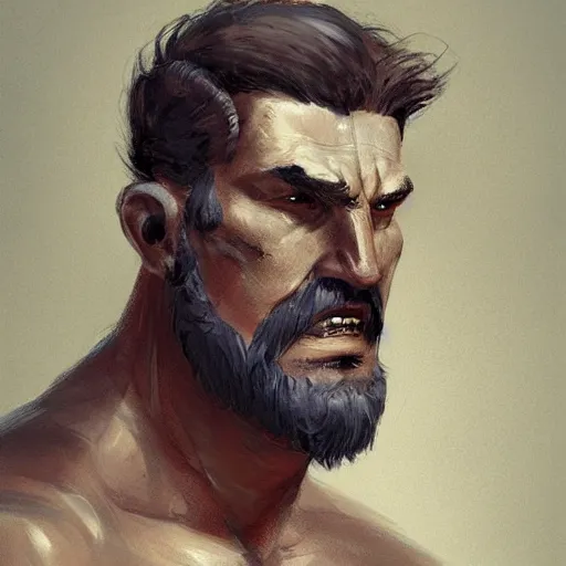 Image similar to portrait old barbarian warrior with trucker mustache and short hair, 8 k, trending on art station, by tooth wu and greg rutkowski