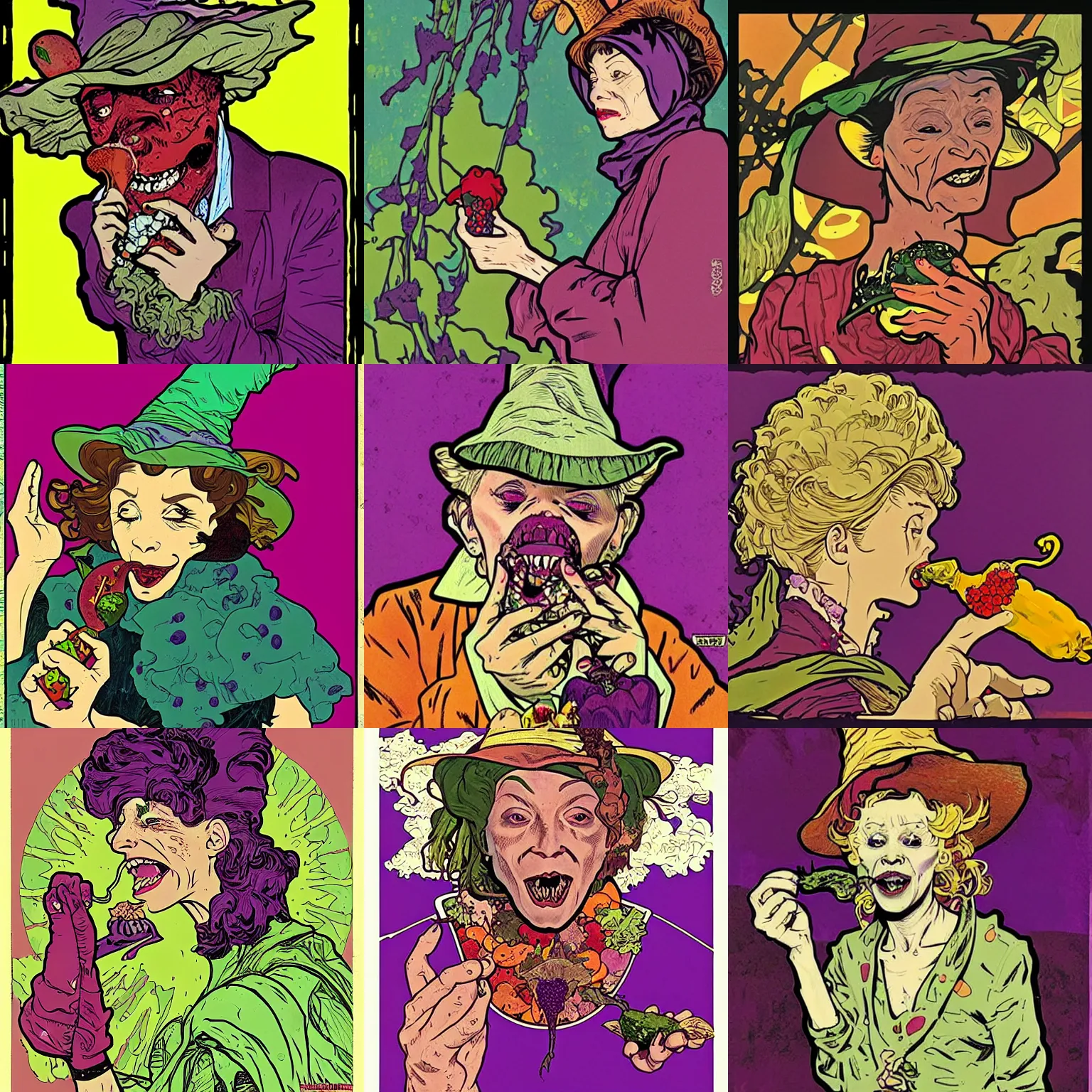 Prompt: an ugly witch eating a purple pepper, pop art, splash painting, art by geof darrow, ashley wood, alphonse mucha